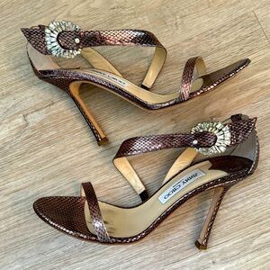 Jimmy Choo Metallic Mercury Watersnake Sandals w/ Crystal Buckles - EU 39